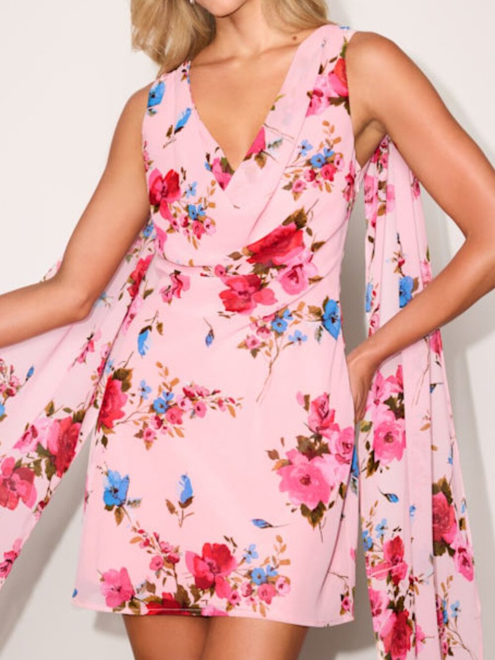 Lulus Anola Blush Pink Multi Floral Sash Mini Dress